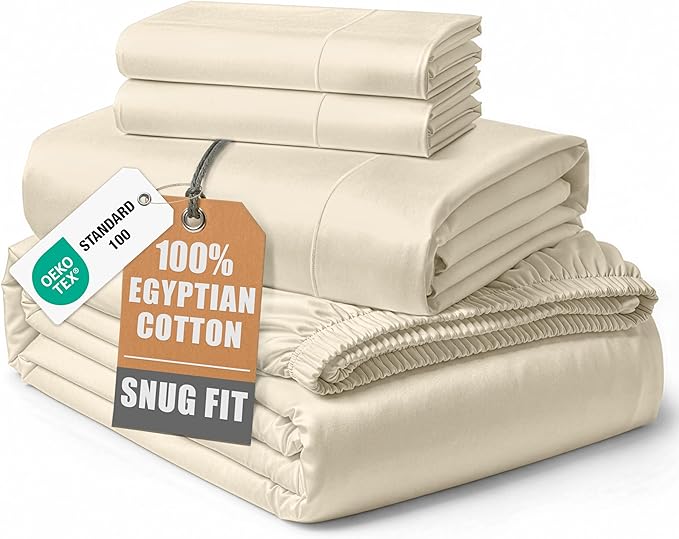 LANE LINEN 100% Egyptian Cotton Full Size Bed Sheets, No Pill Naturally Cooling Sheets Full Size, Soft & Comfy Sateen Weave for Silky Smooth Finish, Available in Variety of Colors - Ivory