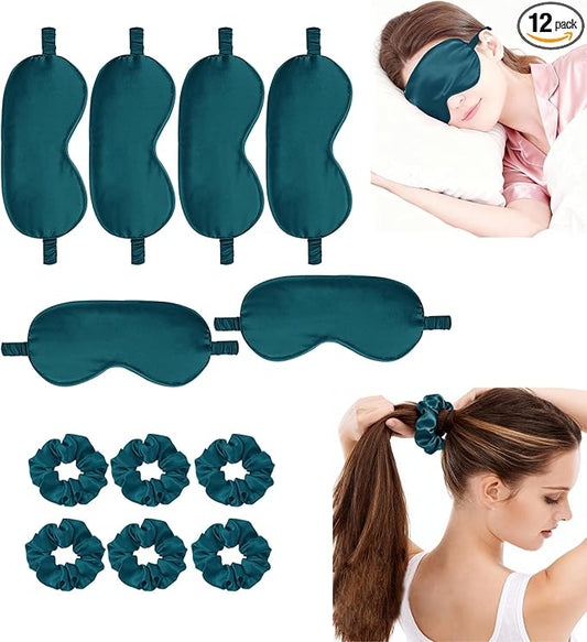 12Pcs Silk Sleep Masks Satin Eye Mask Silky Eyes Cover Blindfold Eyeshade Hair Ties Scrunchy Travel Bridesmaids Gifts