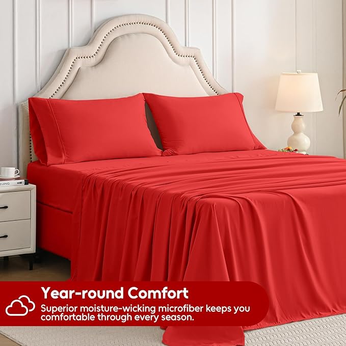 Twin Sheets Set, 3 Pieces Hotel Luxury Soft Microfiber Bed Sheets Set, Up to 16" Deep Pockets, Oeko-Tex Sheets with Elastic, Breathable, Wrinkle Free (Red, Twin)