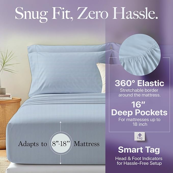 Carressa Linen Luxury Egyptian Cotton Full Stripe Sheet Set - 600 Series Hydrangeas Collection Long Staple Full Damask Sheets (4 PC, Light Blue Stripe), Sateen Weave Sheets Upto 18 in Deep Pocket