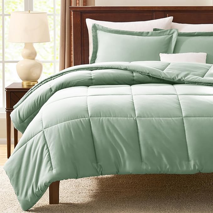 CozyLux Queen Comforter Set - Sage Green Comforter Queen Size, 3 Pieces Box Stitched Bed Set for All Seasons, Soft Lightweight Bedding Sets with 1 Down Alternative Comforter and 2 Pillow Shams