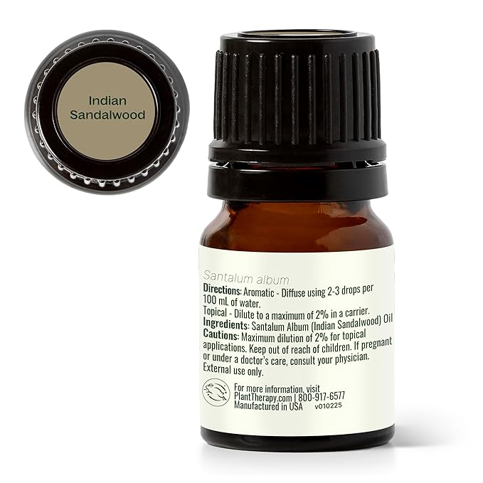 Plant Therapy Indian Sandalwood Essential Oil 2.5 mL (1/12 oz) 100% Pure, Undiluted, Soothing Essential Oils for Skin, Relaxation, and Restful Sleep