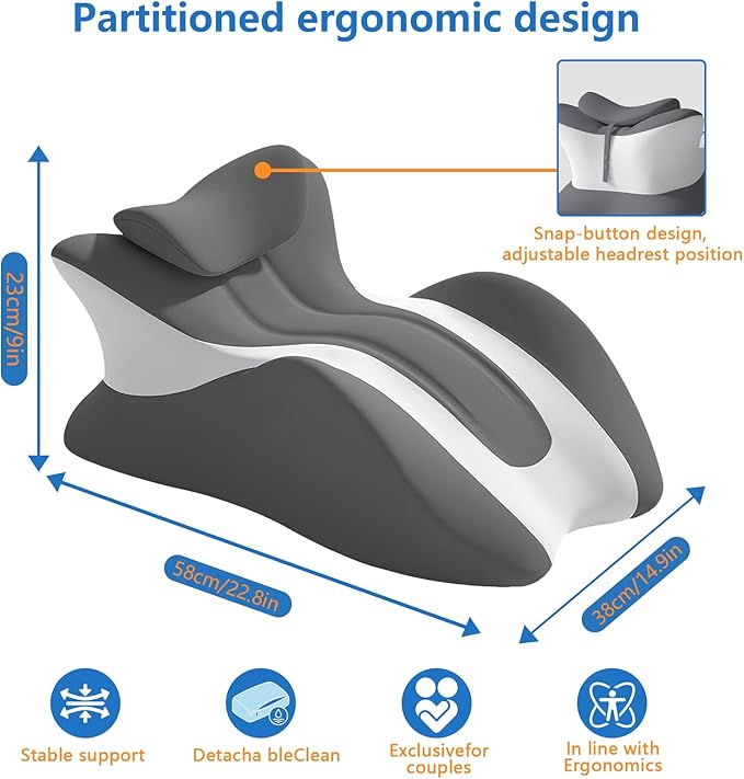 Memory Foam Wedge Pillow, Ergonomic Contoured Intimacy Couples Pillow, 27° Angled Neck Support Pillow Back Support Cushion, Multi-Functional Bed Position Pillow with Removable Cover Double Grey
