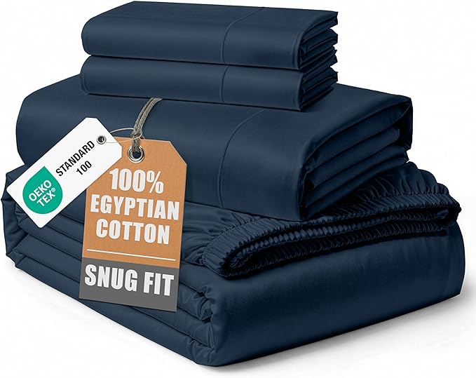 100% Egyptian Cotton Sheets Queen Size - Naturally Cooling & Breathable 4 Piece Silky Sateen Weave Queen Sheet Set, Ultra-Soft & Durable Hotel Luxury Sheets with 15" Snug Fit Deep Pockets - Dark Denim