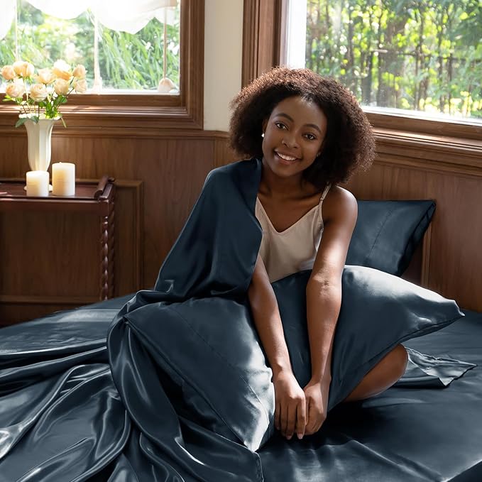 CozyLux Satin Sheets Queen Size Bed Set - 4 Piece Silky Queen Sheet Set, Luxury Steel Blue Queen Sheets with Smooth and Soft Microfiber, Includes 1 Fitted Sheet, 1 Flat Sheet and 2 Pillowcases