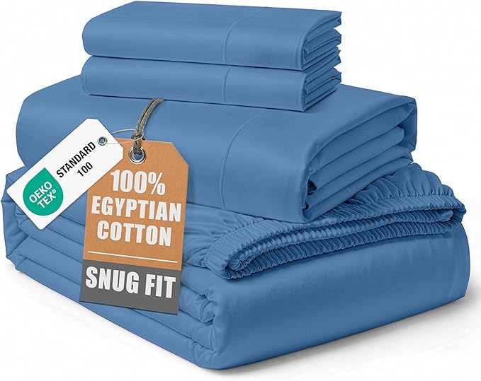 LANE LINEN 100% Egyptian Cotton Bed Sheets Queen Size, Long Staple Soft & Comfy Sateen Weave No Pill Fade Resistant Machine wash 15" Deep Pocket Queen Sheets - Blue Jasper