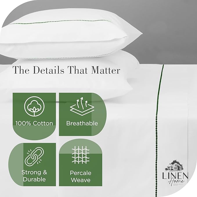 Linen Home 100% Cotton Percale Pearl Stitch Pillowcases King Size, Olive Green, 2 Pieces of Pillow Case, Crisp and Cool Strong Bed Linen, 20 inches X 40 inches