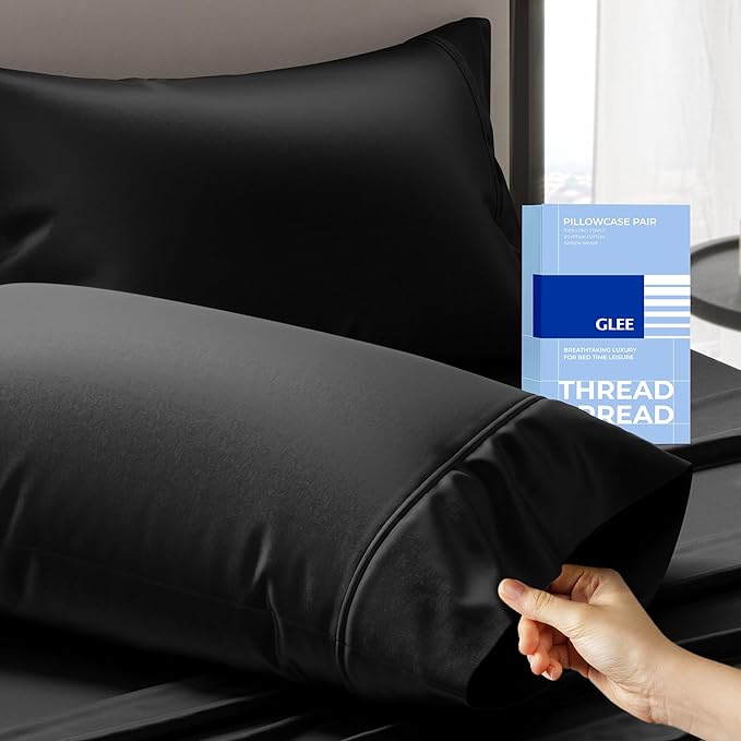 Thread Spread 100% Cotton King Size Pillow Cases Set of 2 - Luxury 400 Series Glee Collection Pillow Cases King Size (Black), Soft Cooling Breathable & Durable Sateen Hotel Cotton Pillowcases