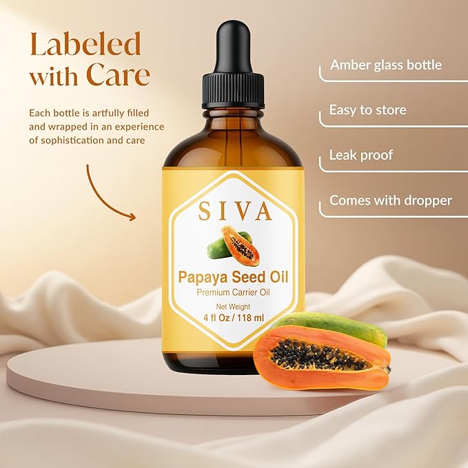 Siva Papaya Seed Oil 4oz (118ml) Premium Cold-Pressed 100% Natural Carrier Oil with Dropper for Face, Skin Care, Body Massage, Hair Care, Hair Oiling & Scalp Massage