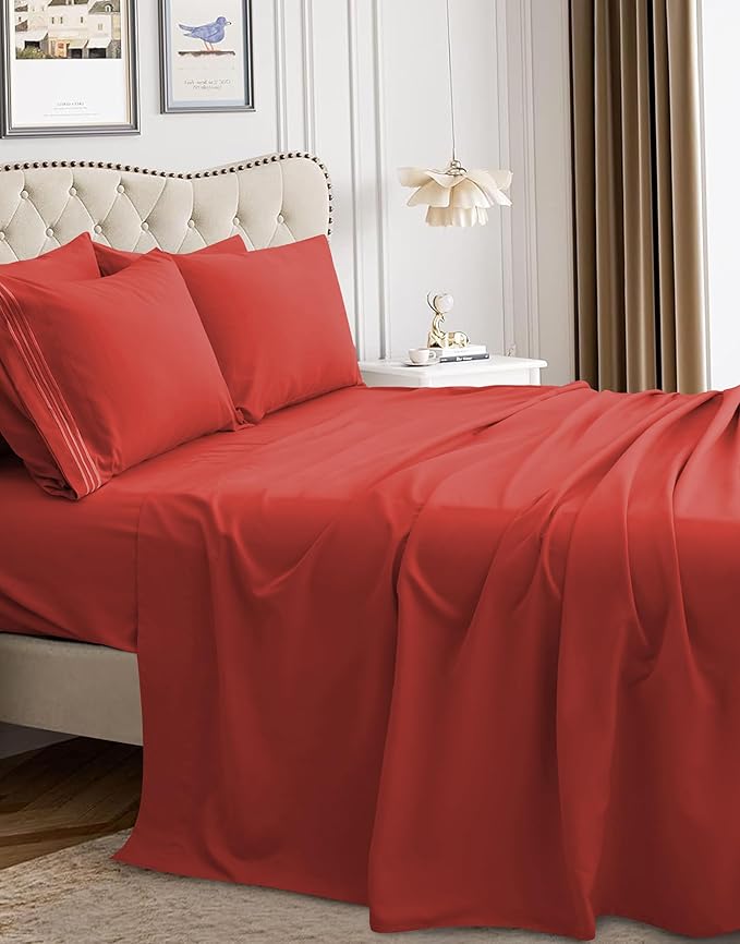Mocassi Luxury Queen 4-Piece Sheet Set - 1800 Premium Hotel Quality - Easy-Fit, Wrinkle, Fade Resistant Bed Sheets and Pillowcases - All Around Elastic Fitted Sheet, Deep Pocket, Rust