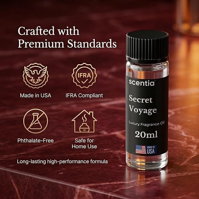 Scentia Secret Voyage Amber Fragrance Oil for Diffusers – Luxury Jasmine & Saffron Home Scent with Cedar & Ambergris – Diffuser Oil for Ultrasonic, Cold Air & Waterless Diffusers – 20 ml (0.67 fl oz)