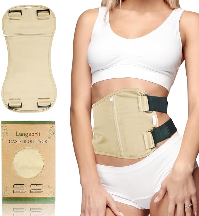 Langsprit Castor Oil Pack Wrap, Cotton Castor Oil Packs for Liver Detox,Reusable Castor Oil Pads Pack Compress for Stomach,Castor Oil Packs Body kit Beige L