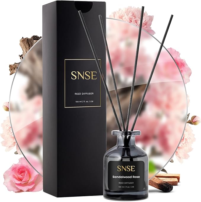 SNSE Sandalwood Rose Reed Diffuser Set | 3.38 oz Scent Fragrance Oil Diffuser for Bedroom, Bathroom, Home Décor and Gift, Decorative Air Fresheners with Sticks