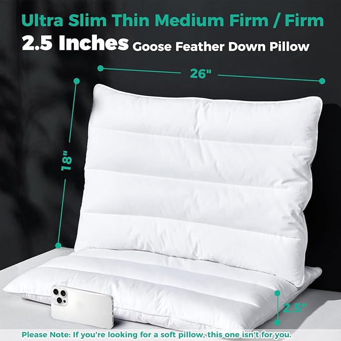Three Geese Luxury Thin Flat Goose Feather Down Pillows Standard Size Set of 2, 2.5" Height, 100% Cotton Cover, Medium Firm Hotel Collection Ultra Slim Thin Bed Pillows, Machine Washable, 18" x 26"