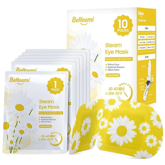 BeHoomi Steam Eye Mask, 10Packs Heated Eye Mask, Self Heating Disposable SPA Warm Compress for Eyes Sleep Mask, Travel Essentials & Relaxation Gifts for Women, Mothers Day Gifts (Chamomile Scent)
