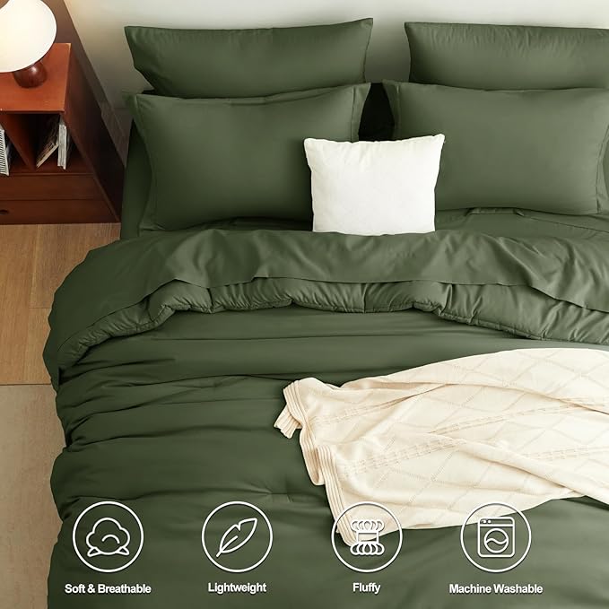 CozyLux King Size Comforter Set Olive Green, 7 Pieces Bed in a Bag King Comforter Set with Sheets, Luxury Bedding Sets with Down Alternative Comforter, Fitted Sheet, Flat Sheet, Pillowcases & Shams