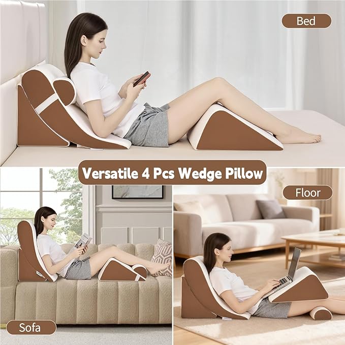 4PCS Orthopedic Bed Wedge Pillow Set for Post Surgery&Pain Relief,Adjustable Wedge Pillow for Back,Acid Reflux,Sitting up in Bed,Recovery,Snoring,Body Pillow for Sleeping (White/Dark Brown)