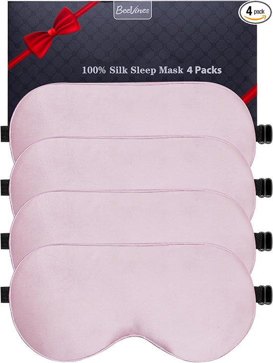 BeeVines Sleep Mask, 4 Packs 100% Real Natural Pure Silk Eye Masks with Adjustable Strap for Sleeping, Mulberry Silk Eye Sleep Shade Cover, Block Light Reduces Puffy Eyes Traveling Gifts(Pink)