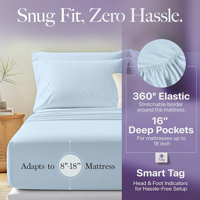 Carressa Linen 100% Egyptian Cotton Full Size Sheets - 600 Series Hydrangeas Collection Full Size Egyptian Cotton Sheets (4 PC, Light Blue), 16" Deep Pocket Sateen Weave Luxury Hotel Bed Sheet Set