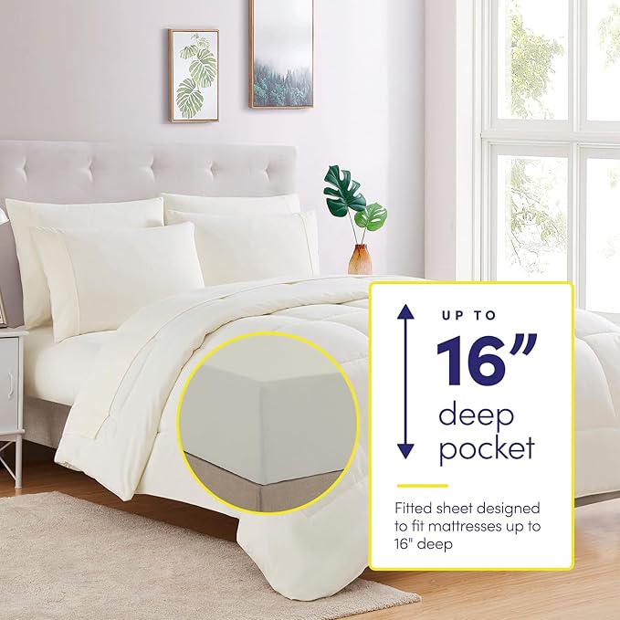 California King Comforter Set - Soft & Breathable 7-Piece Bedding Collection - 1 Comforter, 1 Fitted Sheet, 1 Flat, 4 Pillowcases - Deep Pocket - Premium Quality - Ideal for All Seasons, Ivory