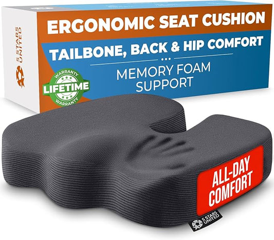 5 STARS UNITED Seat Cushion - Memory Foam Chair Cushion for Tailbone Pain Relief - Ergonomic Support for Coccyx, Sciatica & Butt - Office, Desk & Gaming Chair, Car Seat, Wheelchair, Airplane, D Gray