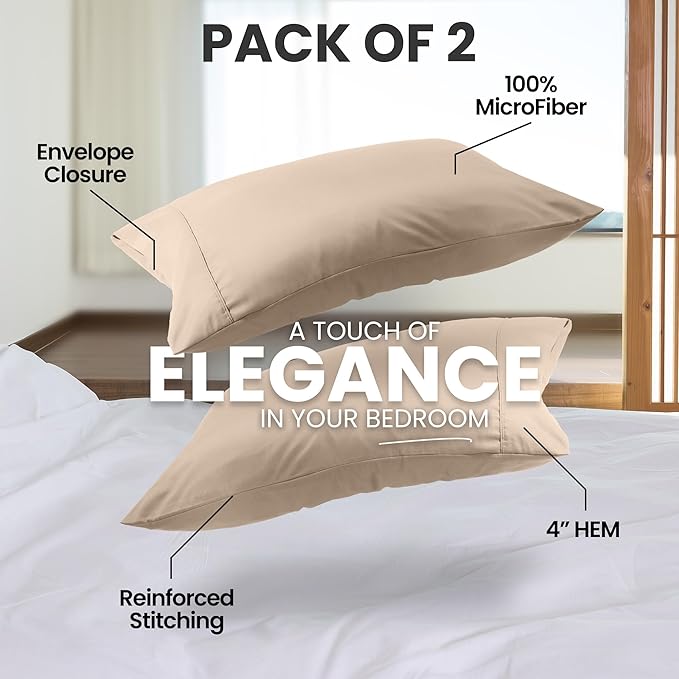 Utopia Bedding Queen Pillow Cases - 2 Pack - Envelope Closure - Soft Brushed Microfiber Fabric - Shrinkage and Fade Resistant Pillow Covers Queen Size 20 X 30 Inches (Queen, Beige)