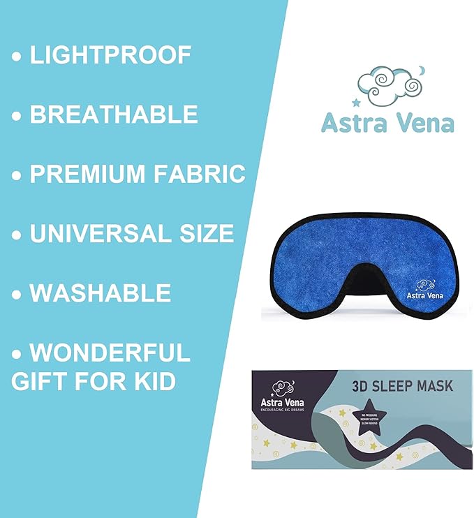 3D Sleep Mask for Kids, Light Block Sleeping Blindfold Memory Foam Contoured Eye Mask for Sleep, Adjustable Strap Eye Cover and Travel Sleep Mask for Boys Girls, Dark Blue