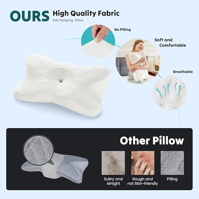 Sweetcrispy 2 Pack Cooling Ergonomic Memory Foam Cervical Pillow for Neck and Shoulder, Orthopedic Neck Support for Back Stomach Sleepers, Contour Side Sleeper for Adults, King, White