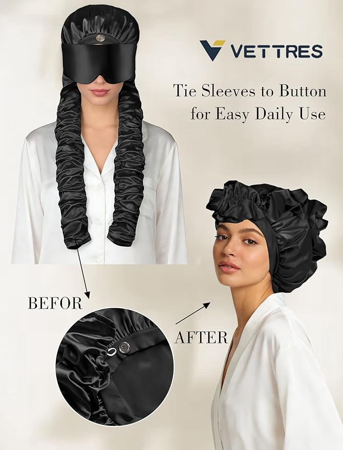 Satin Bonnet for Sleeping with Eye Mask，No Slip Sleep Bonnet with Long Curling Ribbons for Braids & Long Hair