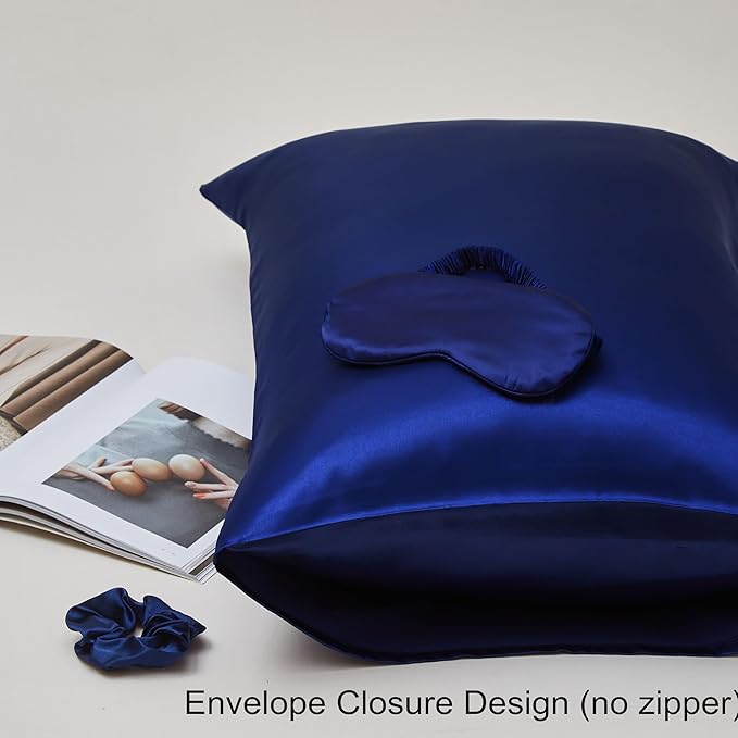 Satin Pillowcase for Hair and Skin, Soft and Cooling Vegan Silk Sleep Set-2 Satin Pillow Cases Queen Size, 1 Eye Mask, 1 Scrunchie, Self Care Essential Satin Night Routine Kit, Navy Blue