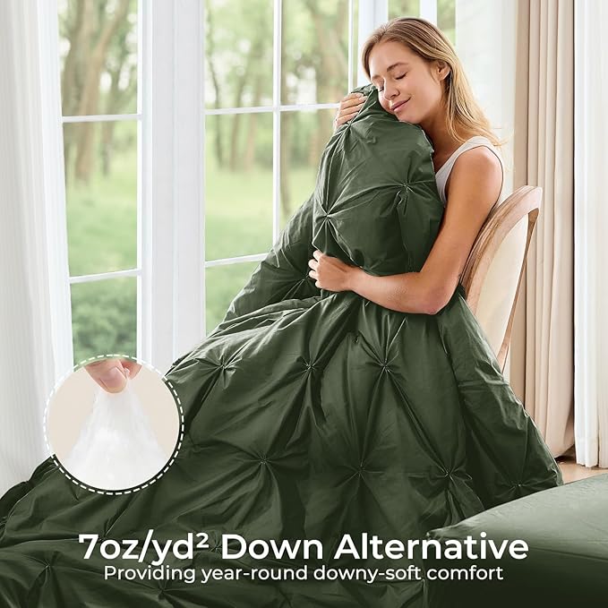 Sasttie King Size Comforter Set, 7-Piece Bed in a Bag, Pintuck Bedding Sets for All Season, Includes Comforter, Flat Sheet, Fitted Sheet, Pillowcases and Pillowshams, Dark Green