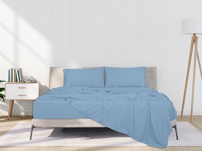 ROYALE LINENS 4 Piece Full Sheets Set - Soft Brushed 1800 Microfiber Bedding - 1 Fitted and 1 Flat Sheet, 2 Pillow Cases - Wrinkle Free & Fade Resistant - Hotel Luxury Bed Sheets (Lake Blue, Full)