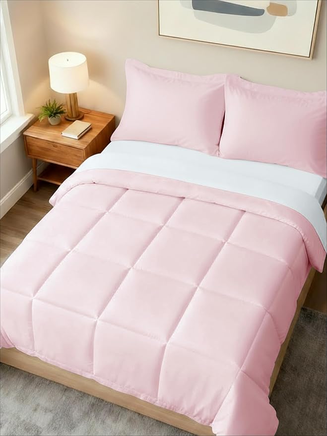 Full Comforter Set - 3 Piece Bed Set for All Seasons - 1 Soft Quilted Comforter w/ Corner Tabs & 2 Pillow Shams - Comfy & Breathable - Premium Down Duvet Insert - Oeko-TEX - Full Size, Lavender Pink