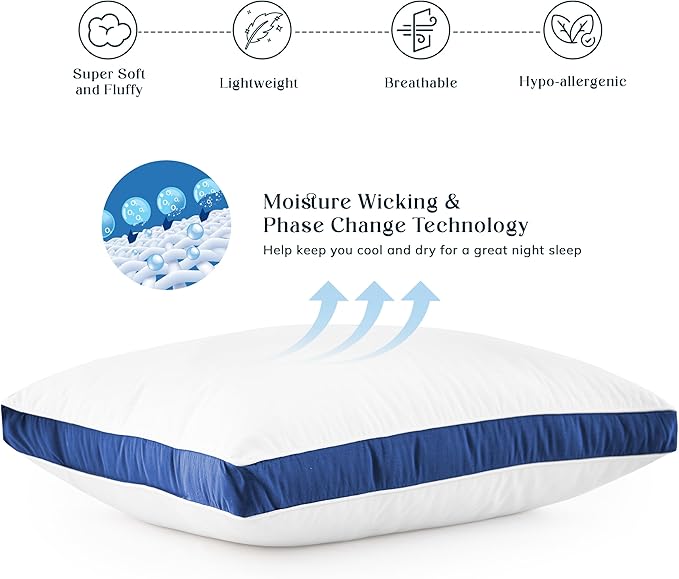 LUX Décor Gusseted Style Soft Hotel Pillows Set of 2 – for Side, Stomach & Back Sleepers - Down Alternative Hotel Bed Pillows – 100% Microfiber Cover, Virgin PSF Fill – Blue, King 36x18