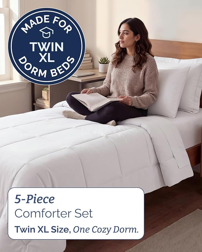 Twin XL Comforter Set - 5 Piece Bed in a Bag Twin XL Size Bed Set - Down Alternative Comforter, Flat Sheet, Fitted Sheet, Pillowcase & Sham for All Seasons - Ultra Soft, Comfy and Breathable - White
