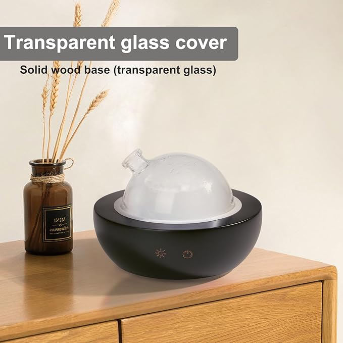 Glass Essential Oil Diffuser,Real Wood Base,The 2024 Upgrade Aromatherapy Diffuser,Aroma Diffuse Humidifier,LED Light in 7 Colors，Suitable for Home Office Bedroom-Black