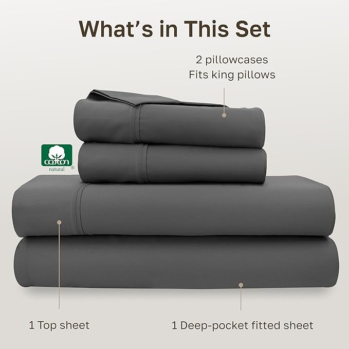 California Design Den Soft 100% Cotton Cal King Sheet Set, 400 Thread Count Good Housekeeping Award Winner, Silky Smooth Sateen Weave with Deep Pockets, Refined Cotton Bed Sheet Set - Grey