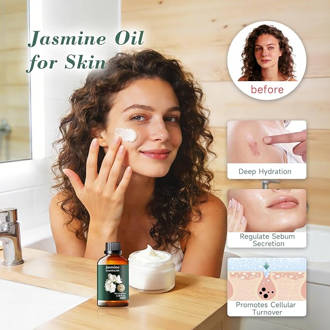 Jasmine Essential Oil, Pure Jasmine Oil Mumianhua Nighttime Floral Bliss for Pillow Mist & Luxurious Perfume, Bedroom Diffuser & Skin Elixir, 3.38 Fl Oz