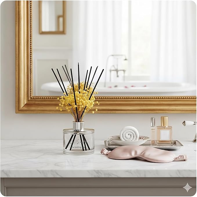 Reed Diffuser Set (6.7fl oz), Natural Darjeeling Tea Essential Oil Fragrance with Glass Bottle, Black Rattan Sticks & Preserved Flowers, Up to 120 Days Lasting Fragrance for Home & Office