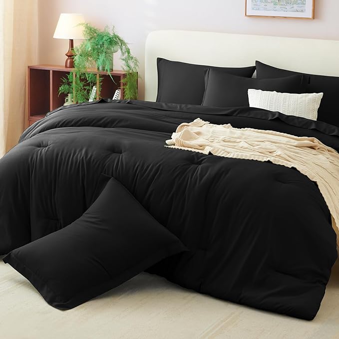 CozyLux Full Size Comforter Sets Black, 7 Pieces Bed in a Bag Full Comforter Set with Sheets, Luxury Soft Bedding Set with Down Alternative Comforter, Fitted Sheet, Flat Sheet, Pillowcases & Shams