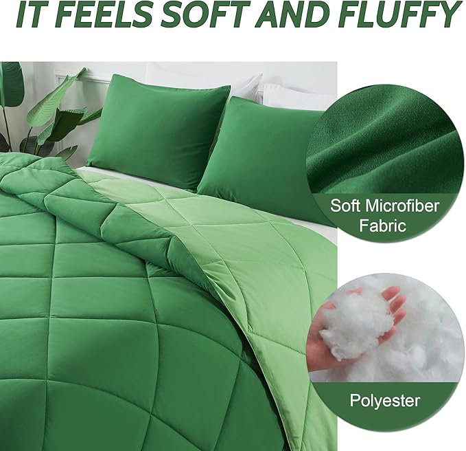 Decroom Lightweight Queen Comforter Set with 2 Pillow Sham - 3 Pieces Set - Quilted Down Alternative Comforter/Duvet Insert for All Season - Olive Green/Grass Green - Queen Size