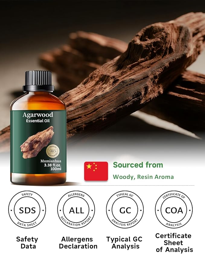 Agarwood Essential Oil, Mumianhua Pure Oud Oil, Luxurious Woody Essence for Aromatherapy, Reed Diffuser, Meditation, Perfumery & Mind Wellness, 3.38 Fl Oz