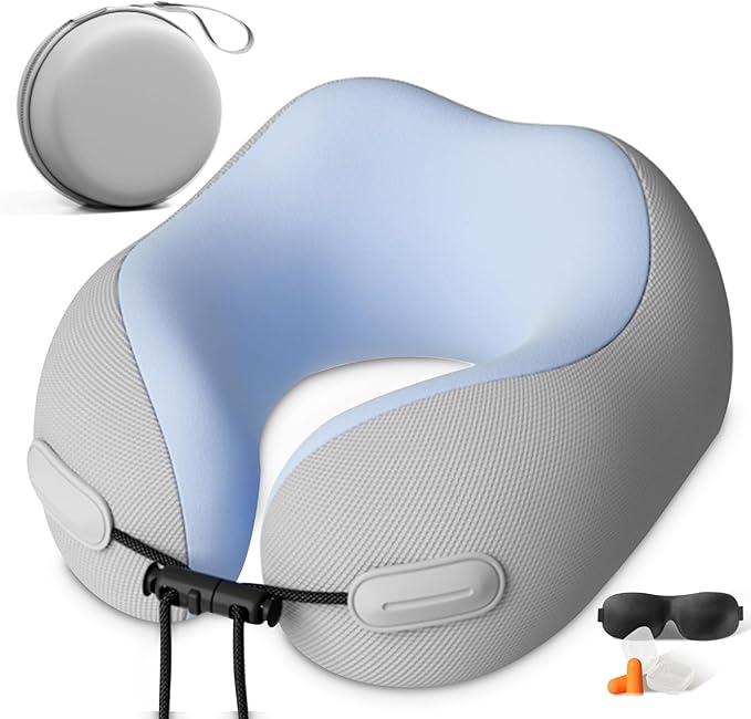 Cool Fly - Cool Colors Travel Neck Pillow Set. Cool Bright Fashion Pastel Colors. Luxury Memory Foam Airplane Adjustable Pillow. Cooling Silky Breathable Cover with Bonus Sleep mask, Grey-Blue