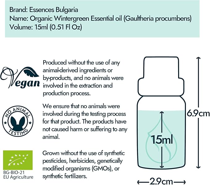 Essences Bulgaria Wintergreen Essential Oil 15ml (0.51 Fl Oz) | Gaultheria procumbens | 100% Pure, Natural, Undiluted | Aromatherapy, Cosmetics | Vegan, Non-GMO, Cruelty-Free