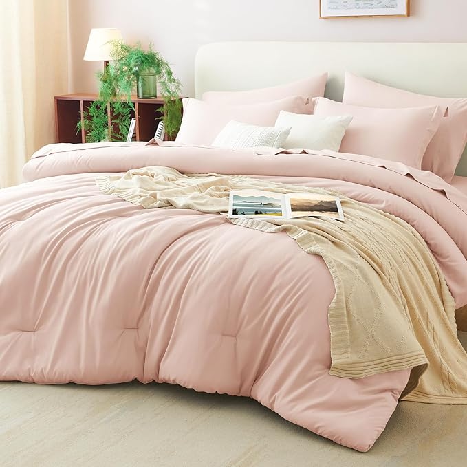 CozyLux King Size Comforter Set Blush Pink, 7 Pieces Bed in a Bag King Comforter Set with Sheets, Luxury Bedding Sets with Down Alternative Comforter, Fitted Sheet, Flat Sheet, Pillowcases & Shams