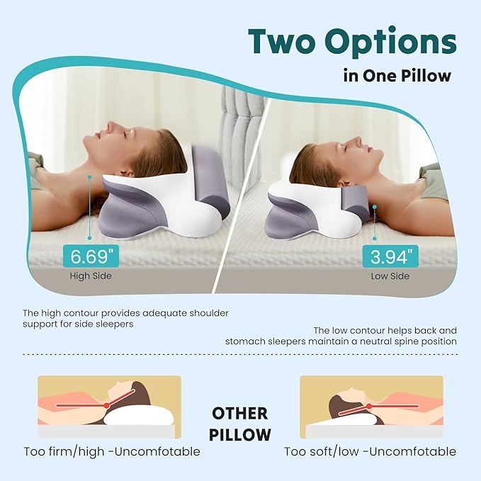 NEWBULIG Cervical Neck Pillow - Ergonomic Memory Foam Pillow for Neck Pain Relief, Contour Orthopedic Bed Pillow for Side, Back & Stomach Sleepers with Neck Support, Queen Size, White & Grey