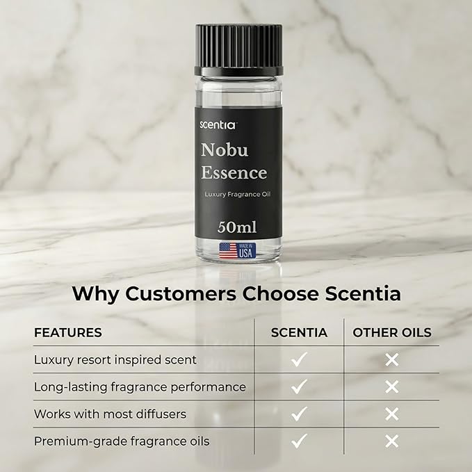 Scentia Nobu Essence Hotel Scent Diffuser Oil – Luxury Fragrance Inspired by Nobu Hotel – 50 mL – Jasmine, Lily & Sandalwood Essential Oil Blend for Home, Office & Aromatherapy Diffusers, Made in USA