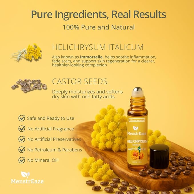 Helichrysum Oil & Castor Oil Roll On, High Potency Formula, 100% Pure and Natural, Acne Soothing, Skin Vitality & Anti-Aging, Aches Relief, Beauty Rollerball, 10ml