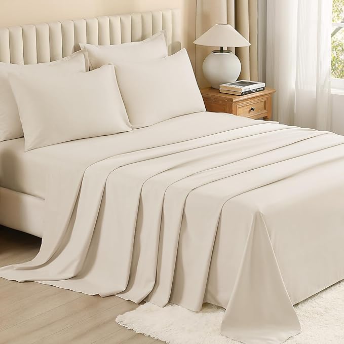 Litanika Super King Comforter Sets Beige - 7 Pieces Bed in a Bag Oversized King Bedding Comforter Sets, Solid Lightweight Bed Set with Comforter, Sheets, Pillowcases & Shams
