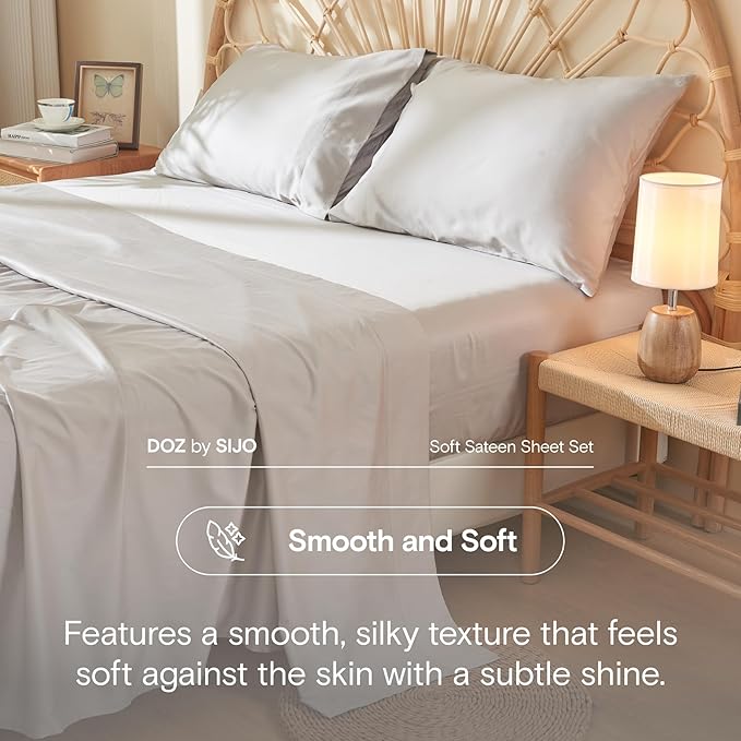 DOZ 100% Long Staple Cotton Duvet Cover Set, Soft Sateen Weave Cotton, Smooth, Breathable, Hotel Comfort, 90"x90", 8 Loops, 3pc – 2 Pillowcases 1 Duvet Cover (Dove, Full/Queen)
